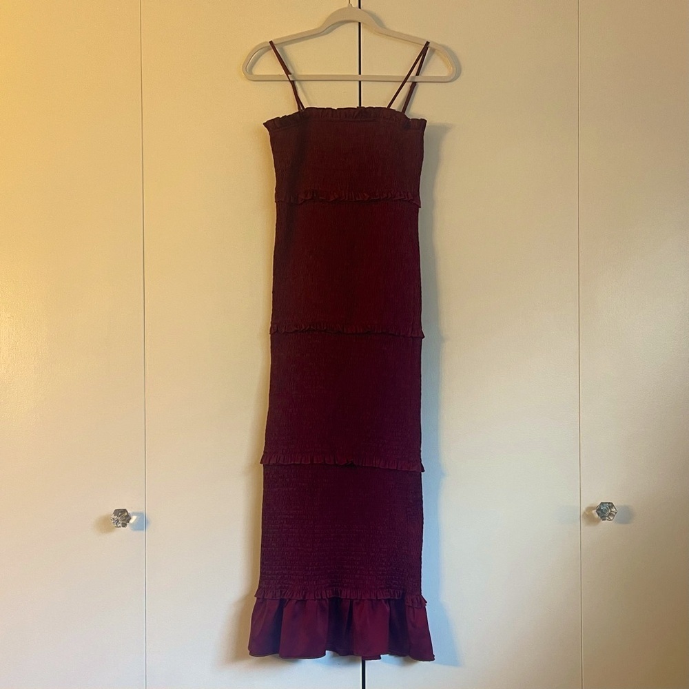 MABLE Satin Smocked Fitted Ruffled Midi Dress- Wine Color - Picture 4 of 10